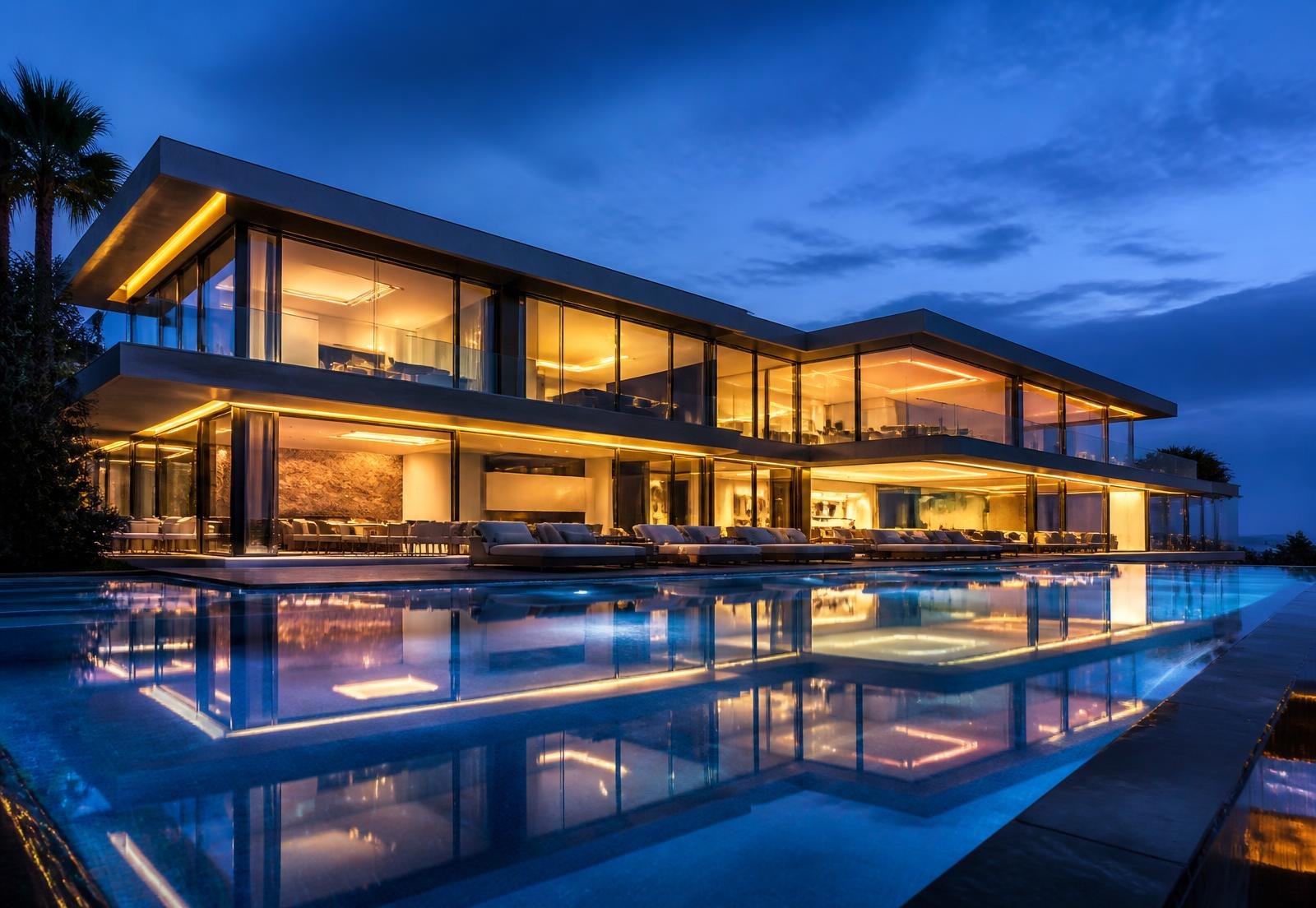 Luxury modern villa with infinity pool at dusk